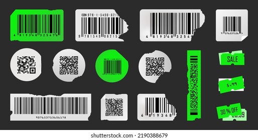Damaged or spoiled QR codes and barcode labels. Beautiful damaged or curl qr code and barcode stickers. Round, square or rectangular labels. White and acid green colors. Trendy Vector graphic elements