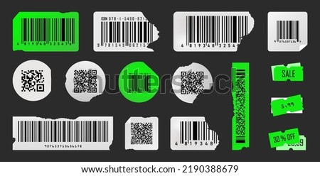 Damaged or spoiled QR codes and barcode labels. Beautiful damaged or curl qr code and barcode stickers. Round, square or rectangular labels. White and acid green colors. Trendy Vector graphic elements