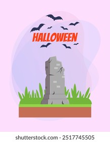 Damaged stone tomb for Halloween banner design. Lettering with flying bats on abstract background. Holiday, celebration, death concept. Vector illustration for poster