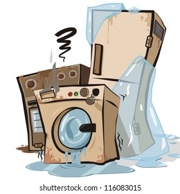 A damaged stove, a damaged refrigerator and a damaged washing machine