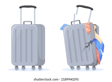 Damaged suitcase. Ripped vacation luggage, baggage airport exchange, cartoon travel bag lost plastic suitcases with clothes broken backpack destroyed case, neat vector illustration of travel luggage