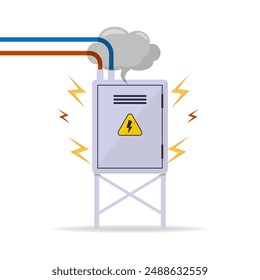 Damaged Switchboard. Electrical wires in box. Cartoon flat illustration. Fuse and electrical engineering. 