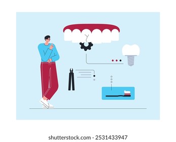 Dentes danificados podem ser tratados, removidos ou substituídos por dentes falsos, ilustração vetorial.