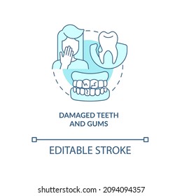 Icono de concepto turquesa de dientes dañados. Enfermedad de Goma. Caries. Problemas dentales ilustraciones abstractas de ideas en línea delgada. Dibujo de contorno aislado. Trazo editable. Fuentes Roboto-Medium, Myriad Pro-Bold utilizadas