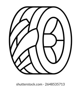 Damaged tire of car wheel thin line icon, tires fitting concept. Vector graphics. Used rubber tire, car service sign on white background, style mobile or design
