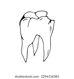 Damaged tooth in doodle style on an isolated white background.