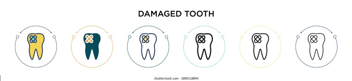 Damaged tooth icon in filled, thin line, outline and stroke style. Vector illustration of two colored and black damaged tooth vector icons designs can be used for mobile, ui, web