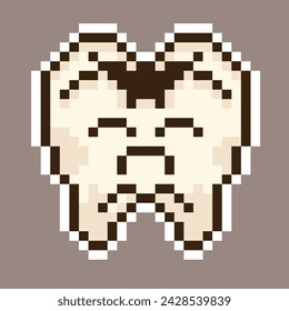 Diente dañado, pegatina, arte de píxeles, caries, higiene, arte de píxeles vectorizado.
