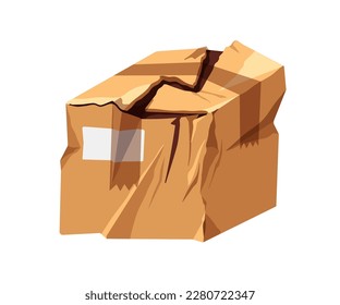 Damaged torn box. Rumpled spoiled delivery parcel, cardboard package. Crumpled carton pack, order. Cargo, violation of integrity. Flat cartoon vector illustration isolated on white background