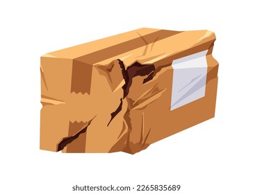 Damaged torn cardboard box, parcel. Creased crinkled package. Crumpled carton pack, post, mail order. Spoiled consignment. Flat cartoon graphic vector illustration isolated on white background - Shutterstock ID 2265835689