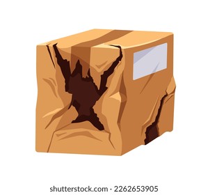 Damaged torn parcel. Creased cardboard pack, box. Smashed wrinkled carton package, order. Spoiled cargo mail, post with smashed goods. Flat graphic vector illustration isolated on white background