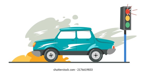 Damaged traffic light causing car crash and collision on road. Isolated vehicle in flame with smoke, automobile hit object. Transport scene accident on street or highway. Vector in flat style