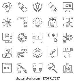Umrisssymbole für beschädigtes USB-Flash-Laufwerk. Lineare Symbole oder Gestaltungselemente für Vektorillustration gebrochen USB-Speichersticks