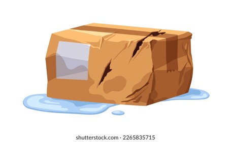 Damaged wet cardboard box, wrinkled parcel. Soaked package, violation of integrity. Rumpled spoiled post order in water puddle. Flat cartoon graphic vector illustration isolated on white background