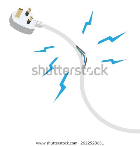 Damaged white electric cord isolated on white background. Dangerous broken power electrical cable with plug. Vector illustration