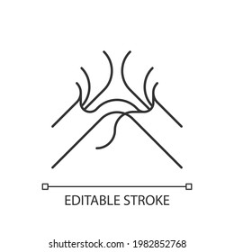 Lineares Drahtsymbol beschädigt. Frasierte, zertäfelte Kabel. Funken und Überhitzung. Elektrische Gefahr. Dünne, anpassbare Illustration. Contour-Symbol. Vektor-einzelne Rahmenzeichnung. Bearbeitbarer Hub