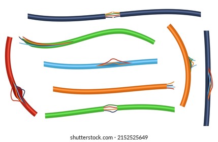 Damaged wires of different colors vector illustrations set. Broken or disconnected electrical cables isolated on white background. Maintenances, electricity, technology concept