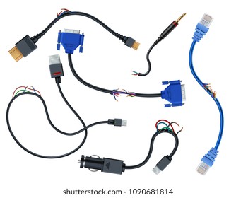 Damaged Wires With Plugs. Disconnect Broken Electric Cables Vector Set Isolated On White Background. Wire And Cable Cut, Vga And Usb, Sata Outlet Plug Illustration