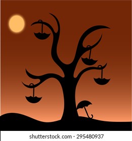 damaged wood with umbrellas on the branches under the moonlight