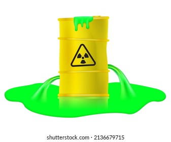 Damaged yellow barrel with spilled toxic waste . Vector illustration