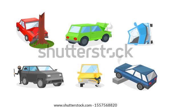 Damages Of\
Different Cars, Accidents And Insurance Cases On The Road Vector\
Illustration Set Isolated On White\
Background
