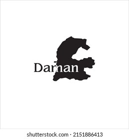 Daman map and black lettering design on white background
