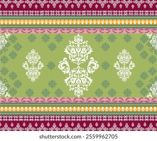Damas fabric pattern, abstract, ethnic, beautiful complex pattern, green tone. Pink damask pattern for decoration, textiles, backgrounds, clothing, carpets, curtains, cards as desired.