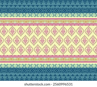 Damas fabric pattern, abstract, ethnic, beautiful complex pattern, yellow tone. and mint color damask pattern for decorating textiles, backgrounds, clothing, carpets, curtains, cards as desired.