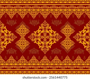 Damas fabric pattern, abstract, ethnic, intricate pattern, beautiful red and orange tones. Die-mask designs for decorating textiles, backgrounds, clothing, carpets, curtains, cards as desired.