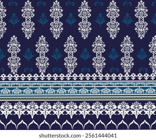 Damas fabric pattern, abstract, ethnic, beautiful complex pattern, blue tone. White damask pattern for decoration, textiles, backgrounds, clothing, carpets, curtains, cards as desired.