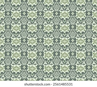 Damas fabric pattern, abstract, ethnic, beautiful complex pattern, dark green tone. and light colored damask patterns for decorating textiles, backgrounds, shirts, carpets, curtains, cards as desired.