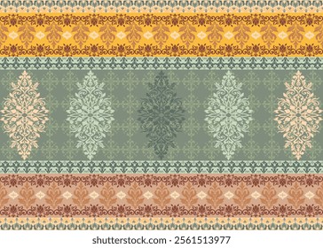 Damas fabric pattern, abstract, ethnic, vertical pattern, green tone. Damascus pattern for decorating textiles, backgrounds, shirts, carpets, curtains, cards as desired.