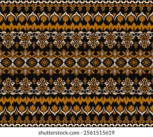Damas fabric pattern, abstract, ethnic, vertical pattern, black tone. Yellow damask pattern for decorating textiles, backgrounds, shirts, carpets, curtains, cards as desired.