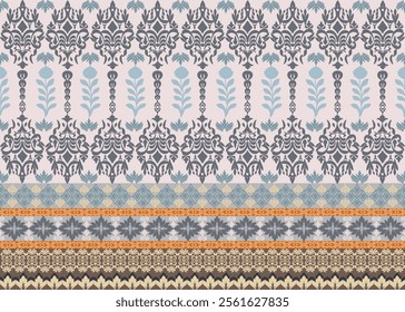 Damas fabric pattern, abstract, ethnic, light tones, vintage style. Full Damascus pattern in alternating colors for decorating textiles, backgrounds, clothing, carpets, curtains, cards as desired.