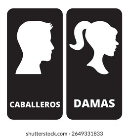 Damas y caballeros bathroom banner on a black background (trad. ladies and gentlemen)