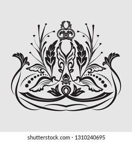 Damascus art pattern. Flower element of design. The vector drawing on a gray background.