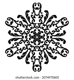 Damascus circular pattern. Arabesque with floral elements. Oriental mandala ornament. For laser cutting, tattoo, marquetry, logo for yoga, icons, lace.