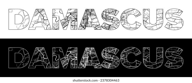 Damascus City Name (Syria, Asia) with black white city map illustration vector