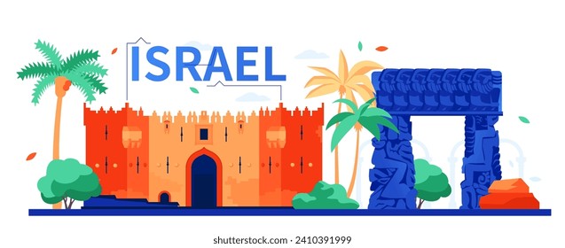 Damascus and Faith in Jaffa Gate - modern colored vector illustration with stone sculpture and muslim quarter of the Old City of Jerusalem. Architecture, unesco, tourism and sights of Israel idea