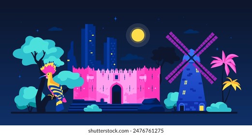 Damascus Gate at night - modern colored vector illustration with main entrance of the Muslim quarter of the Jerusalem Old City, Montefiore Windmill and hoopoe sitting on a tree branch under the moon