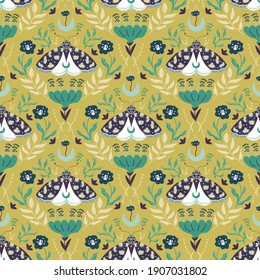 Damascus luxury seamless pattern with floral and butterflies. Seamless pattern with Moth and flower in hand-drawn style. Fabric design in green background
