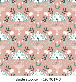 Damascus luxury seamless pattern with floral and butterflies. Seamless pattern with Moth and flower in hand-drawn style. Fabric design 
