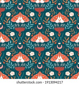 Damascus luxury seamless pattern with floral and butterflies. Seamless pattern with Moth and flower in hand-drawn style. Fabric design 
