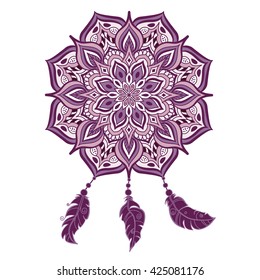 Damascus pattern of floral ornament on white background. Mandala with feathers