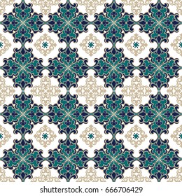 Damascus seamless pattern blue and gold. Decorative ornament for fabric, textile, wrapping paper. Gorgeous seamless pattern white Moroccan, Portuguese tiles, ornaments. 