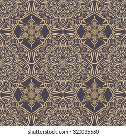 Damascus seamless pattern of floral ornament on a dark background.