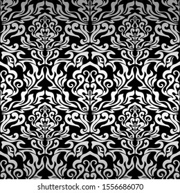 Damascus. Seamless Wallpaper, fabric, packaging, curtains, ornament. Color silver and black.