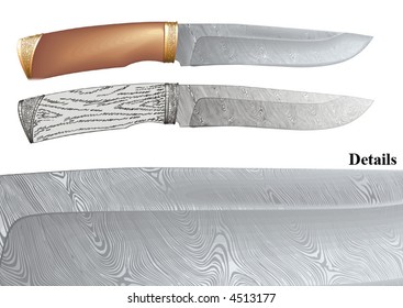Damascus steel hunting knife vector