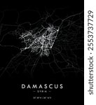 Damascus vector print map in dark theme. Detailed map of Damascus in Syria. Best free vector illustration. Tourist decorative minimalist street map.