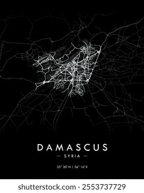 Damascus vector print map in dark theme. Detailed map of Damascus in Syria. Best free vector illustration. Tourist decorative minimalist street map.